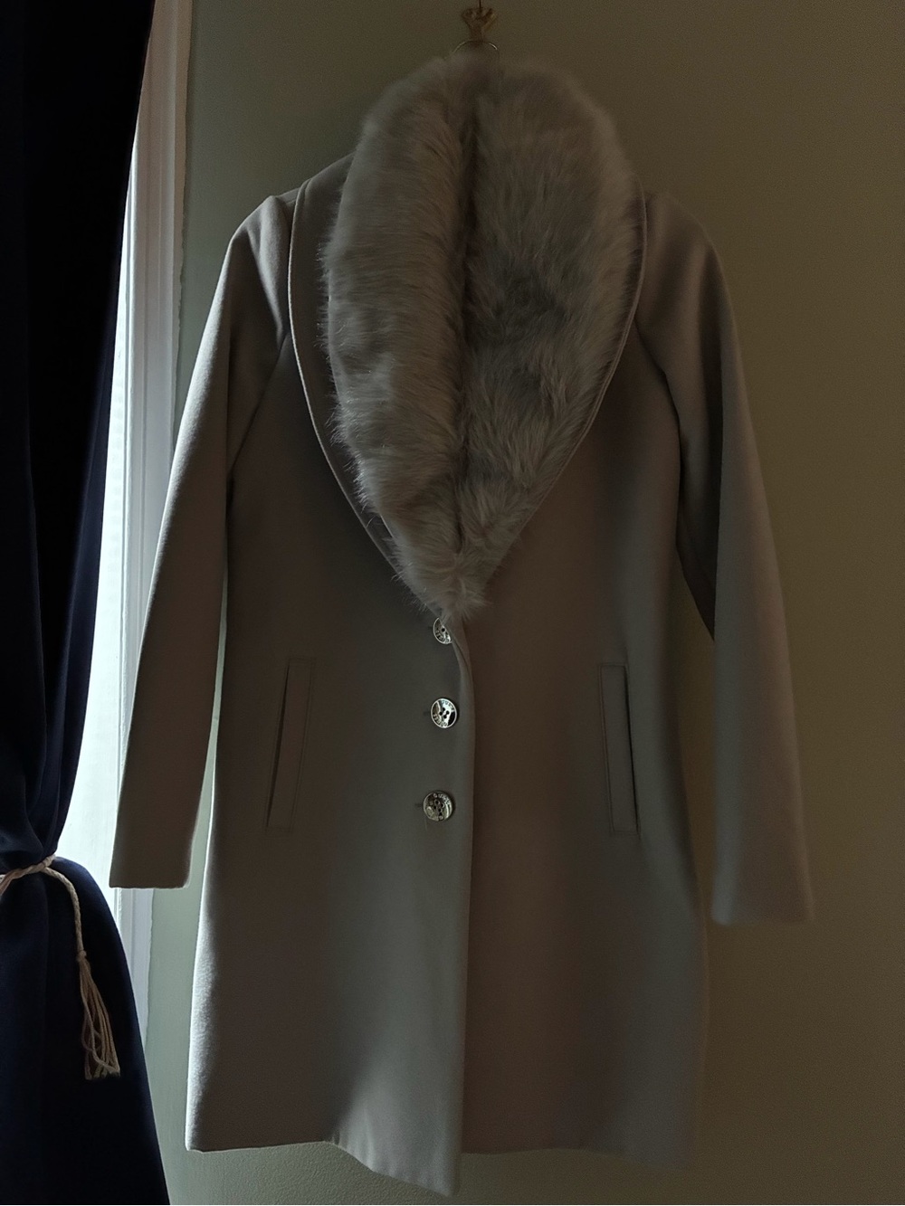 NWT GUESS Kelea Duster Coat Vapor Blue Faux Fur Collar XS